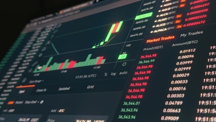 Stock Market Trading.  Close-up of trading charts on digital display. Forex, Cryptocurrency with technical price graph indicators 