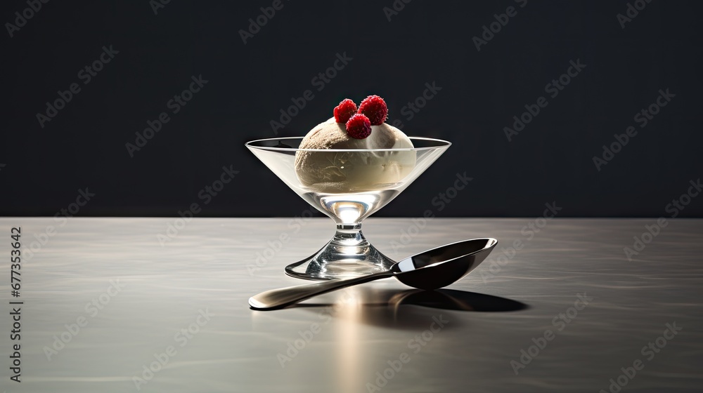 Poster an ice cream sundae with raspberries in a glass bowl with a spoon on a table with a dark background.