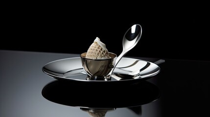  a silver plate topped with a scoop of ice cream and a scoop of ice cream sitting on top of it.
