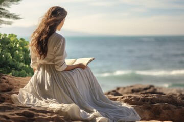 Fototapeta na wymiar Lovely graceful lady sit by beach reading a book with beautiful seascape. Summer tropical vacation concept.