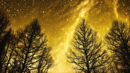 a tranquil night sky filled with stars and trees in the foreground