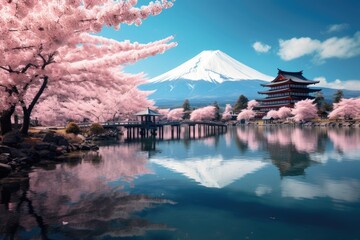 Mt Fuji and beautiful blooming cherry blossom woods with Japanese temple by lake in Spring. Spring...