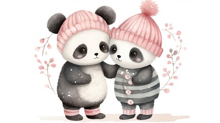  a couple of panda bears standing next to each other on top of a snow covered ground with a wreath around them.