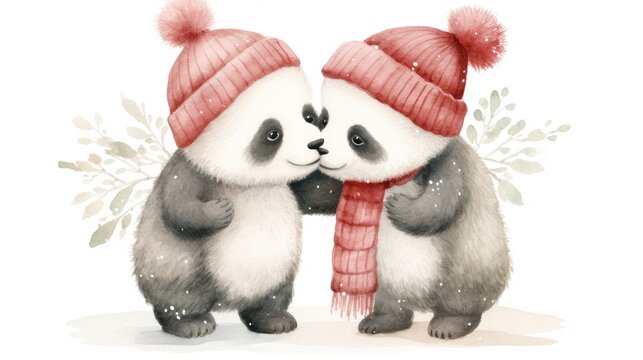  a couple of panda bears standing next to each other in front of a snow covered ground with a scarf on it's head.