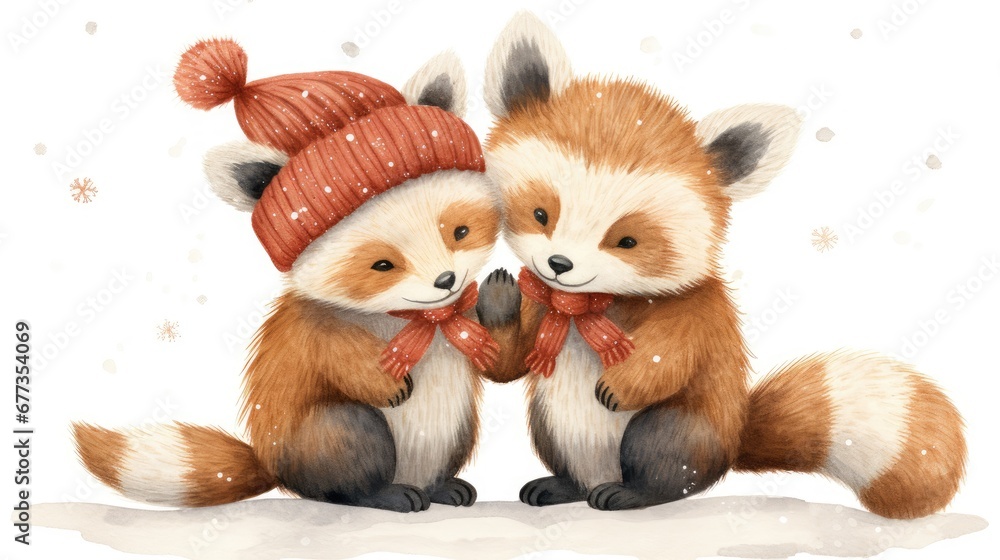 Poster a couple of red pandas sitting next to each other on a snow covered ground with a red hat on their h
