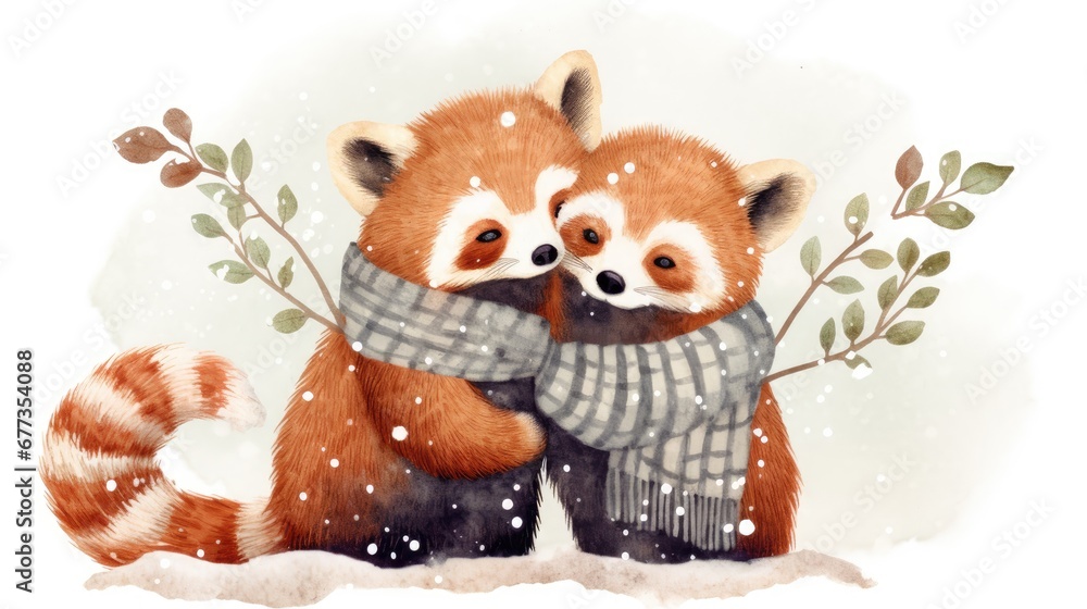 Poster a painting of two red pandas hugging each other with a scarf around their necks, with snow falling o