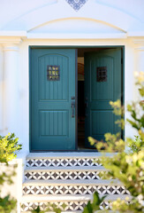 decorative ceramic tiles on the stairs to the double front door