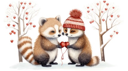 Fototapeta na wymiar a couple of raccoons standing next to each other in front of a forest filled with trees and hearts.