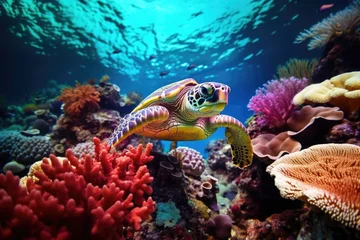 Fotobehang A sea turtle swimming underwater in tropical ocean © rabbit75_fot