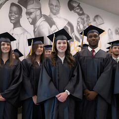 Portrait of a group of graduates smiling at the camera in a university