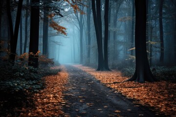 Autumn foggy woods with beautiful Fall foliage colors. Autumn seasonal concept.