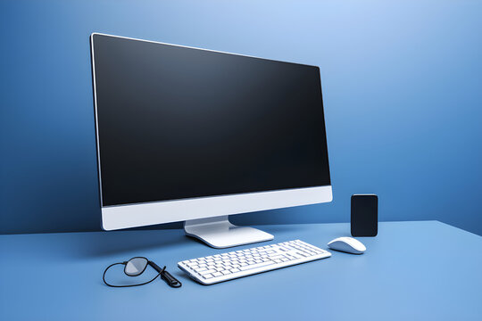 Computer monitor with keyboard and mouse on blue background. 3d render