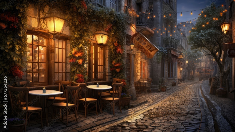 Poster a painting of a cobblestone street with tables and chairs in front of a building with lights on it.