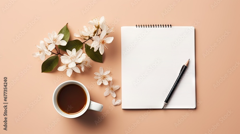Poster a cup of coffee next to a notepad with a pen on top of it and a flower next to it.