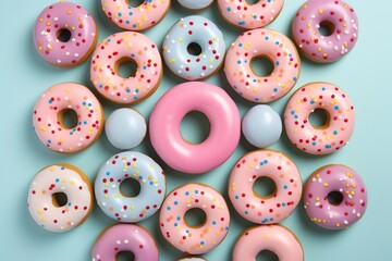Donuts arranged in a circular pattern on a pastel backdrop