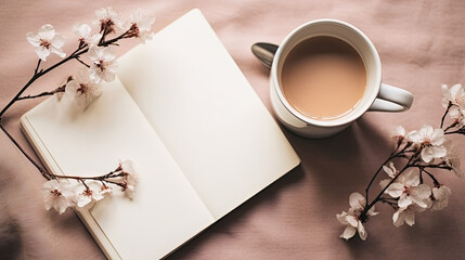 Obraz na płótnie Canvas a cup of coffee next to an open book and a branch of blossoming cherry blossoms on a pink background.
