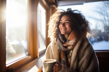 A graceful lady enjoy coffee in a coffee shop in freezing sunny winter. Winter seasonal concept. - obrazy, fototapety, plakaty