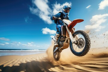 Close-up view of beach motorcycle with sand flying in air. Dynamics. Beach sports. Summer tropical vacation concept. - Powered by Adobe