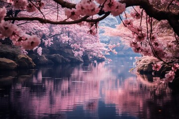 Obraz na płótnie Canvas Delicate cherry blossoms framing a tranquil scene