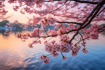 Delicate cherry blossoms framing a tranquil scene