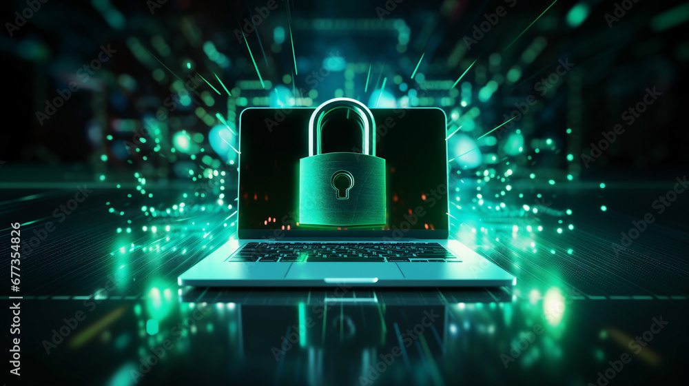 Poster laptop with a padlock on screen, symbolizing computer security