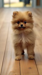 A cute newborn Pomeranian, with a funny face, showcasing various styles and positions on a wooden floor. Generative AI.