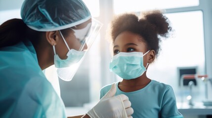 A nurse in protective gear comforts a young girl wearing a blue face mask in a well-lit medical room. Generative AI.