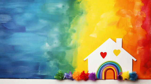 A paper house against a rainbow watercolor backdrop, symbolizing hope and diversity