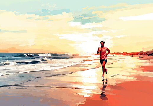 A young guy takes a jog along the coast at sunset. A man goes in for sports in nature. Healthy lifestyle. Illustration for cover, card, postcard, interior design, poster, brochure or presentation.
