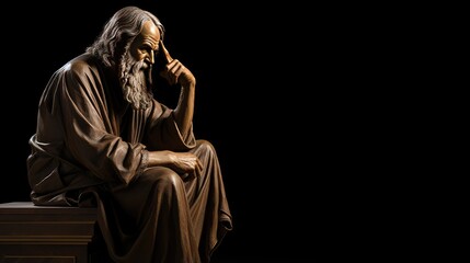 The figure of an elderly man sitting thoughtfully. Greek philosopher. Education and training concept. Illustration for banner, poster, cover, brochure or presentation. - obrazy, fototapety, plakaty