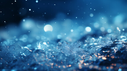 Sfondo, texture con ghiaccio e neve che si sciolgono con gocce d'acqua con sfondo blu - obrazy, fototapety, plakaty