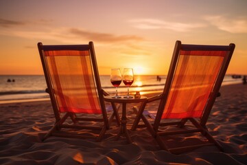 Beach chair and two glasses of wine at beach with beautiful sunset. 