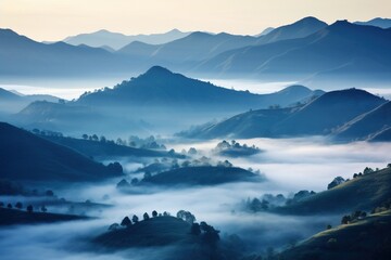 Dense fog blanketing undulating hills at dawn, creating a mystical atmosphere