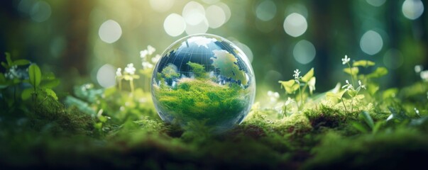 A glass globe sitting on top of a lush green field. Generative AI. - obrazy, fototapety, plakaty