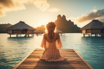Lovely graceful lady sit in a luxury resort at sunset with beautiful seascape. Summer tropical vacation concept. - obrazy, fototapety, plakaty