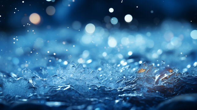 Sfondo, texture con ghiaccio e neve che si sciolgono con gocce d'acqua con sfondo blu