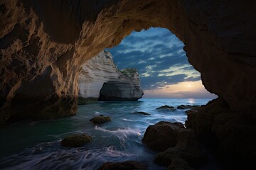 Dramatic moonrise over the ocean, as viewed through a natural limestone arch