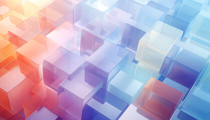 A variety of different transucent colorful cubes. Minimalistic wallpaper for websites with pastel color scheme. 