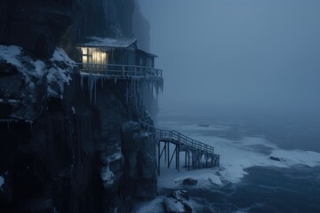 A cabin by cliff by sea at night in winter covered by heavy snow and ice. Winter seasonal concept.