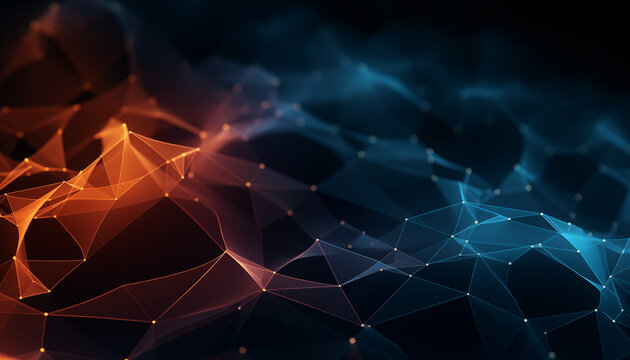 Translucent fractal polygon wave pattern with glowing blue and orange colors. Minimalistic wallpaper with bokeh. Concept of neural network, deep learning and generative AI. 