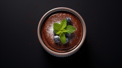  a chocolate mousse with blueberries and mint sprigs in a metal bowl on a black surface.