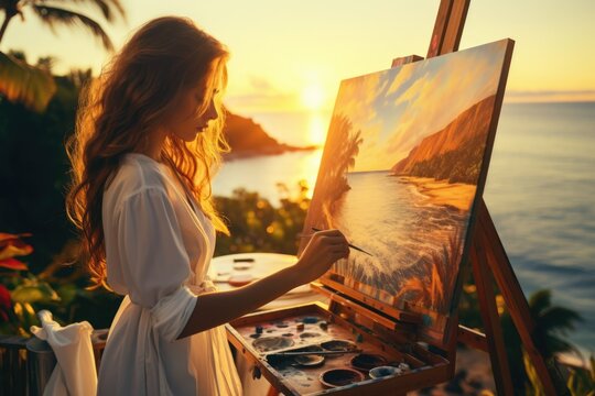 A graceful lady work on a painting at beach at sunset. Summer tropical vacation concept.