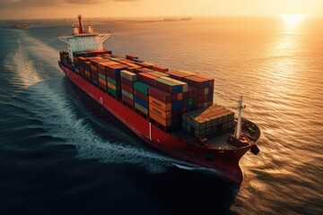 Aerial view of cargo ship in sea with cargo container box at sunrise.