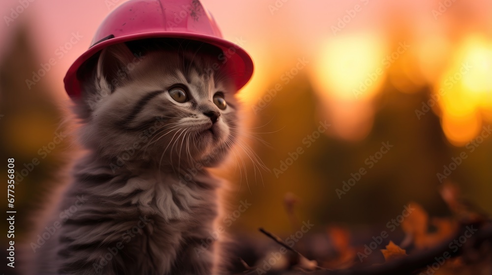 Poster A kitten wearing a hard hat. Generative AI.