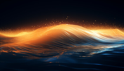 Mysterious and futuristic wave of particle system. Dark and minimalistic wallpaper with orange glowing waves with dark blue background. Concept of energy flow and information technology. 