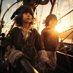 Two young children dressed in pirate costumes on a boat. Generative AI.