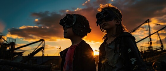 A couple of kids wearing pirate clothes standing on a boat. Generative AI.