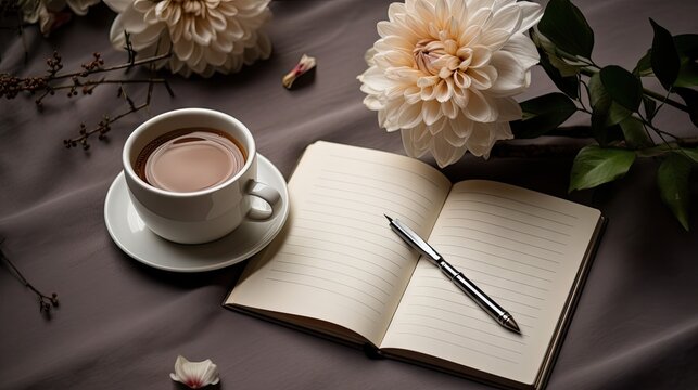  a cup of coffee next to an open book and a pen on a table with a flower arrangement in the background.