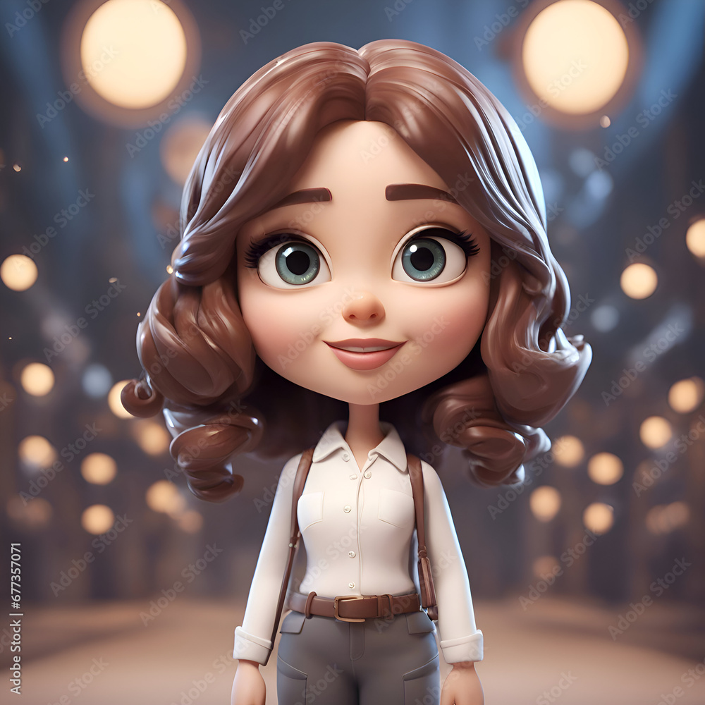 Wall mural 3D illustration of a cute cartoon girl with brown hair and blue eyes