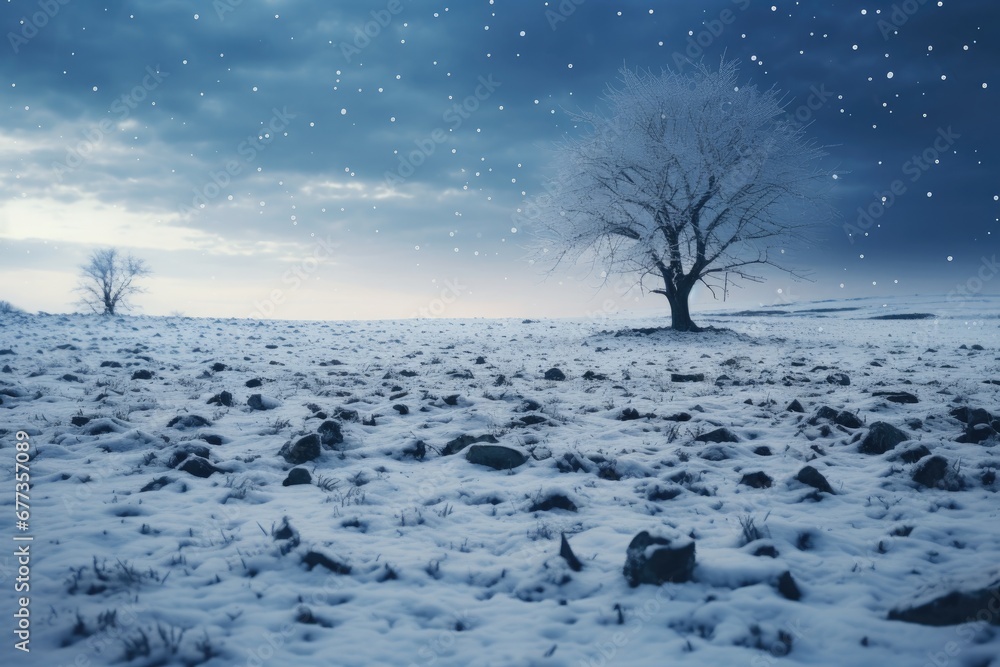 Poster a lone tree stands alone in a snowy field. generative ai.